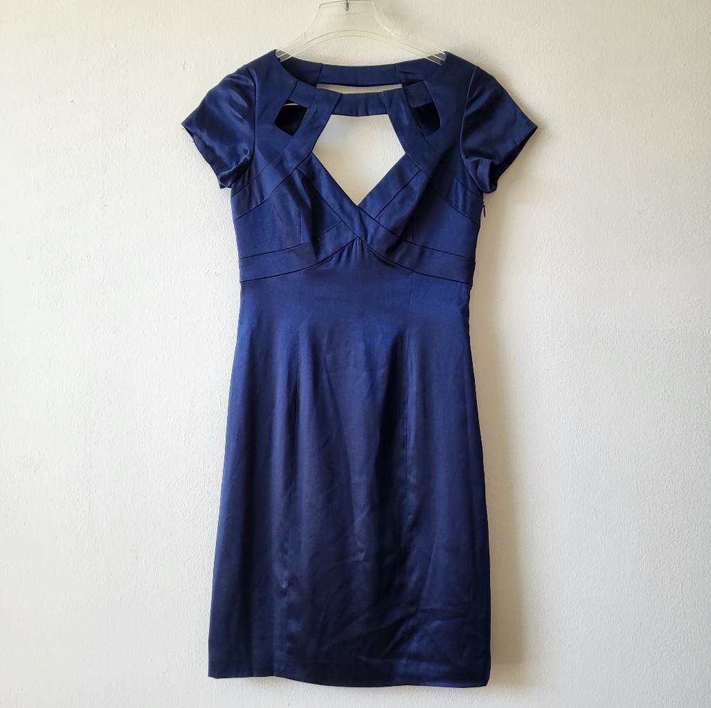 Vintage Nordstrom Basix II midnight blue 100% silk satin cutout sheath dress 0